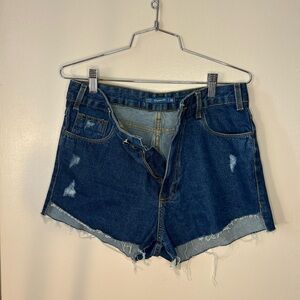 High-Rise Distressed Dark Blue Denim Shorts
